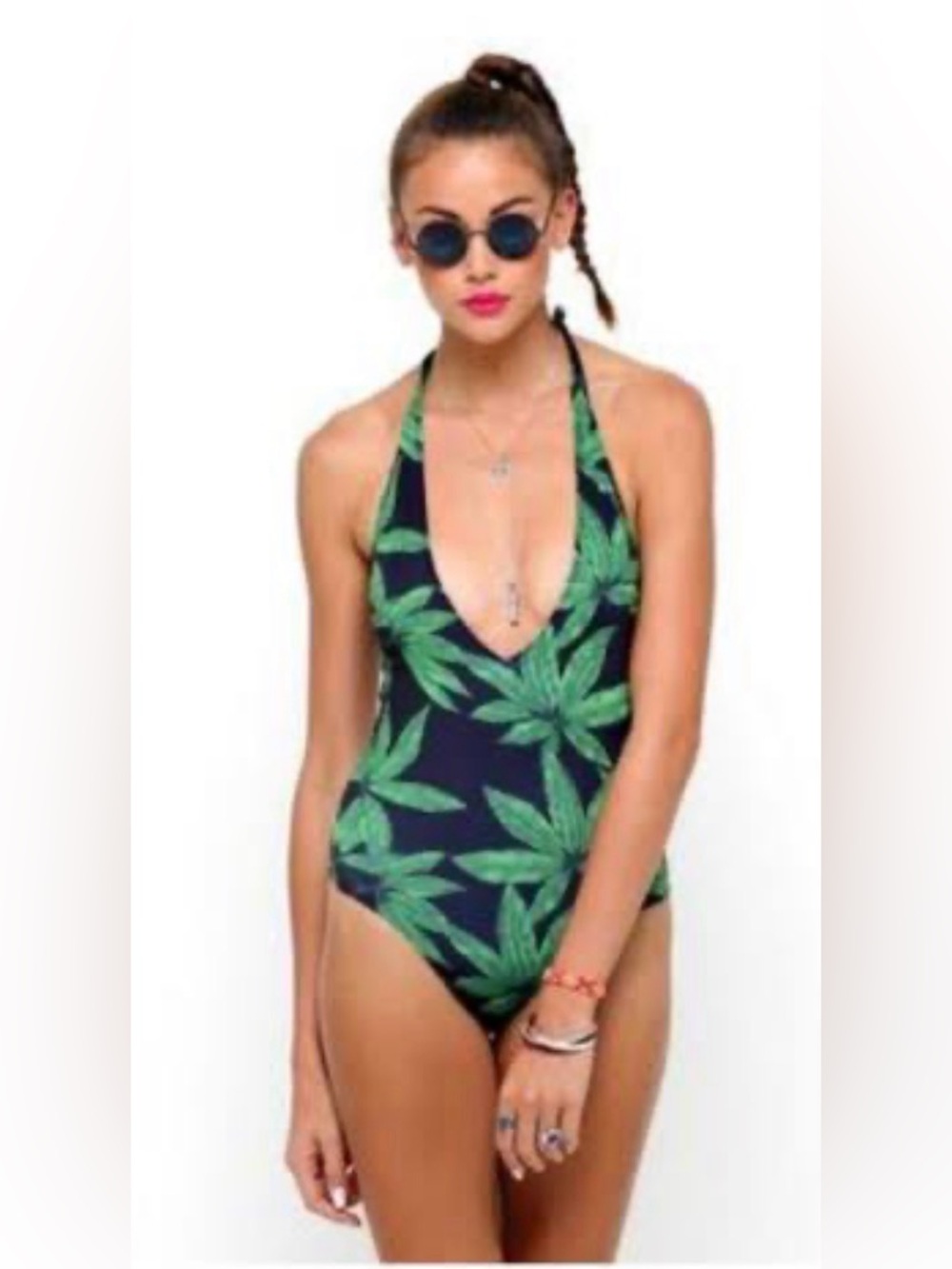Motel Rocks Women’s MJ Leaf Halter One-Piece Swim Suit with Green Leaf Print